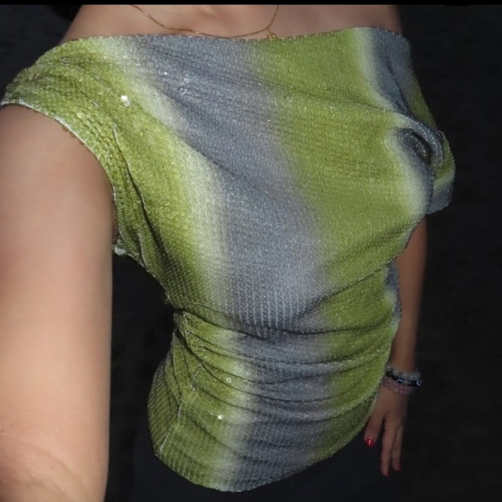 Micas Off-Shoulder Shimmery Sequins  Aystrmetrical Green& Gray Medium Nwt